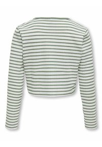 Korte witte lange mouwen top met groene strepen. Heeft een zachte textuur en een ronde halslijn. Eenvoudig, casual ontwerp.