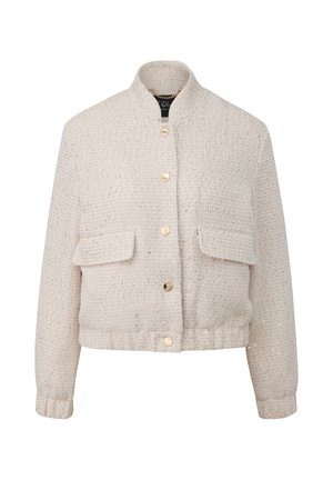 Cremefarbene Tweed-Jacke in Cropped-Länge mit Stehkragen, vorderen Klappentaschen, goldenen Knöpfen sowie elastischem Saum und Bündchen.