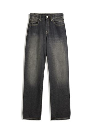 Jeans en denim délavé foncé avec une coupe décontractée, présentant une jambe droite, des coutures visibles et un effet dégradé usé à l'avant.