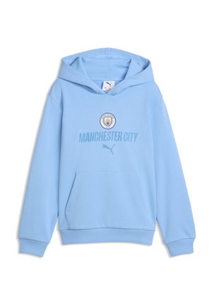 Hellblauer Kapuzenpullover mit Manchester City-Logo, Text und Puma-Logo auf der Vorderseite, mit einer Fronttasche und gerippten Bündchen.