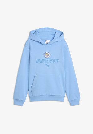 Sudadera con capucha de color azul claro con el logo de Manchester City, texto y logo de Puma en la parte delantera, con un bolsillo delantero y puños acanalados.