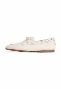 White leather loafer with slip-on design, lace detail on top and sides, and brown flat sole.