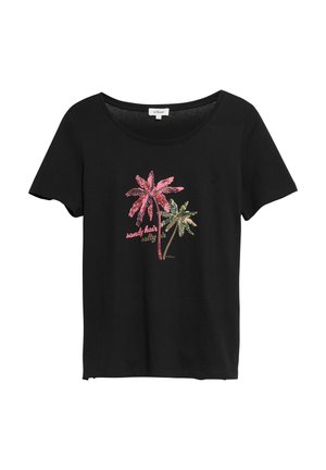 Maglietta nera a maniche corte con scollo rotondo con due palme colorate e la scritta "sandy hair salty air" in rosa e beige.