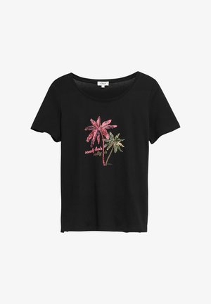 Maglietta nera a maniche corte con scollo rotondo con due palme colorate e la scritta "sandy hair salty air" in rosa e beige.