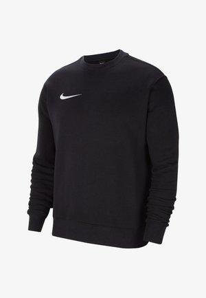 Schwarzer Langarm-Sweatshirt mit Rundhalsausschnitt, weißem Nike-Swoosh-Logo auf der linken Brust, mit gerippten Bündchen und Saum.