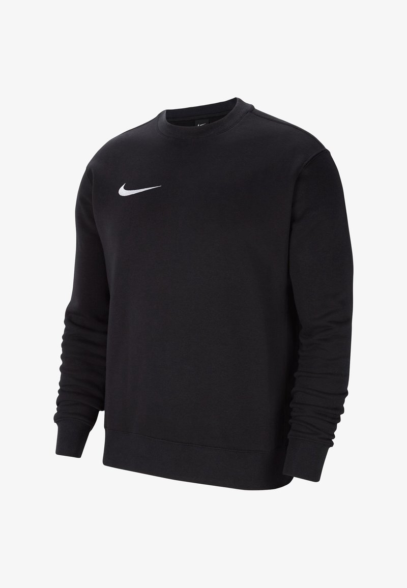 Sweat-shirt noir à manches longues et col rond avec le logo Nike Swoosh blanc sur la poitrine gauche, poignets et ourlet côtelés.