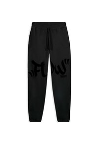 Pantalones de chándal negros con cintura y puños elásticos, que presentan un audaz gráfico "FLOW" y el texto "FREDDY" en negro en la parte frontal.