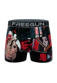 Boxer shorts pour hommes avec un fond noir, un design graphique coloré avec des accents rouges, des personnages, et une ceinture étiquetée "FREEGUN."