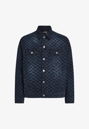 Dunkelblaue Jeansjacke mit einem Hahnentritt-Muster, klassischem Kragen, vorderem Knopfverschluss und zwei Brusttaschen mit silbernen Beschlägen.