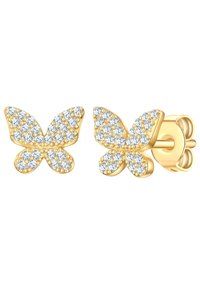 Pendientes de oro en forma de mariposa adornados con cristales transparentes, con una superficie texturizada y un cierre de presión seguro.