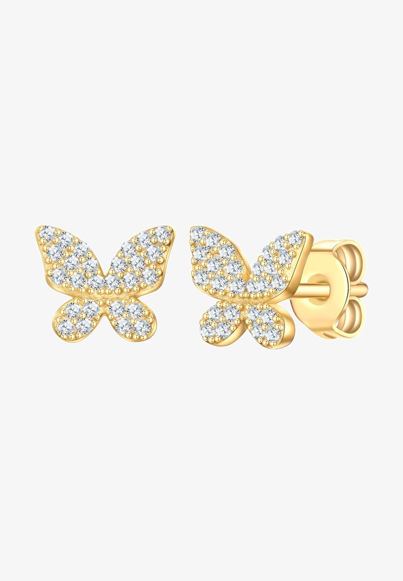 Pendientes de oro en forma de mariposa adornados con cristales transparentes, con una superficie texturizada y un cierre de presión seguro.