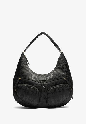 Borsa a spalla in tessuto nero con un motivo testurizzato del logo, due tasche anteriori con cerniera e una maniglia curva per un trasporto confortevole.