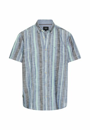 Koszula z krótkim rękawem zapinana na guziki, z pionowymi paskami w odcieniach niebieskiego, szarego i jasnej zieleni, wyposażona w kołnierzyk zapinany na guziki oraz kieszeń na piersi.