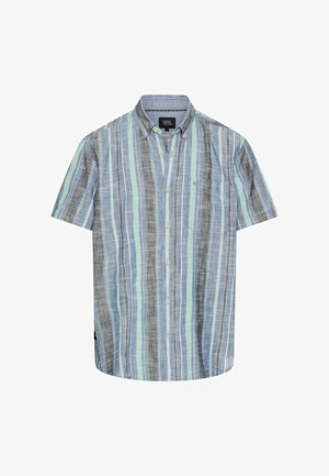 Korte mouwen overhemd met verticale strepen in tinten blauw, grijs en lichtgroen, voorzien van een knoopsluiting aan de kraag en een borstzak.