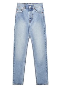 Jean bleu clair taille haute à jambe droite avec bouton et fermeture éclair devant, avec poches avant et arrière.