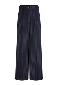 Marineblauwe wijde broek met verticale witte streepjes, geplooide voorkant en een tailleband met een metalen knoopdetail.