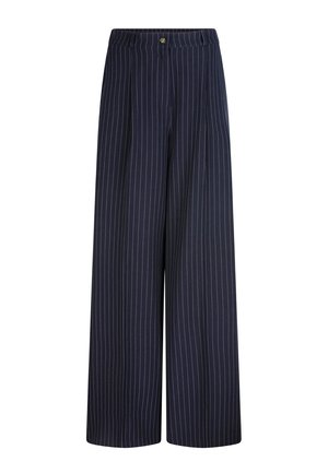 Navy wide-leg trousers with vertical white pinstripes, pleated front, and a waistband featuring a metallic button detail.