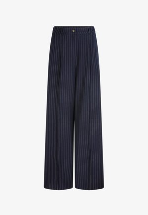 Navy wide-leg trousers with vertical white pinstripes, pleated front, and a waistband featuring a metallic button detail.