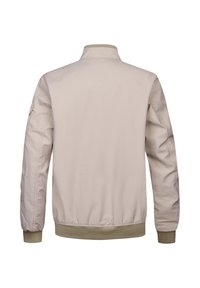 Lysebeige bomberjakke med glat tekstur, ribbet krave og manchetter samt to sidelommer med lynlås. Enkel design, uden synlige mønstre.