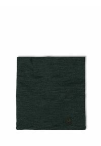 Dark green neck gaiter in a soft, textured fabric. Features a small logo patch in the lower corner. Rectangular shape with an unstructured design.