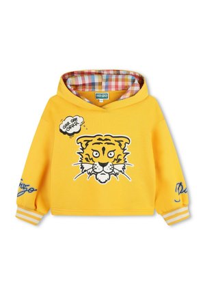 Žlutá mikina s kapucí s grafikou tygra na přední straně, barevně kostkovanou podšívkou a pruhovanými manžetami s detailem "Kenzo".