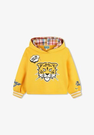 Sweat à capuche jaune avec un graphisme de tigre sur le devant, doublure colorée à carreaux et poignets rayés avec un détail "Kenzo".