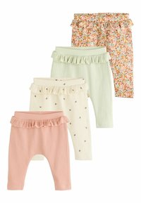 Set van vier kinderleggings: geribd in het roze, crèmekleurig met bloemenprint, groen, en met bloemenpatroon. Alle leggings hebben een gerimpelde tailleband.