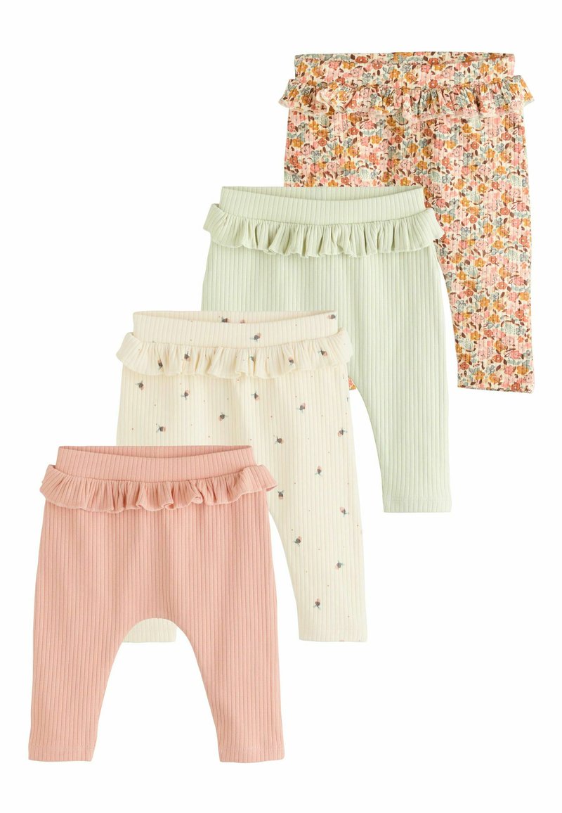 Set van vier kinderleggings: geribd in het roze, crèmekleurig met bloemenprint, groen, en met bloemenpatroon. Alle leggings hebben een gerimpelde tailleband.