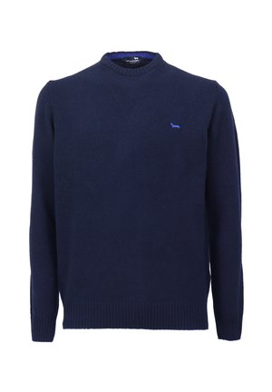 Suéter de punto azul marino con cuello redondo, puños y dobladillo acanalados. Presenta un pequeño logotipo azul bordado en el pecho. Textura suave.