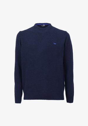 Tummansininen neulepusero, jossa on pyöreä pääntie, ribbireunat hihoissa ja helmassa. Sylissään pieni sininen brodeerattu logo rinnassa. Pehmeä pinta.