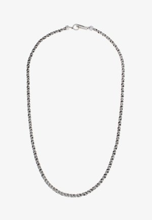 Silver-tone chain necklace featuring a twisted design, clasp closure, uniform thickness, and smooth texture. Ideal for layering or standalone wear.
