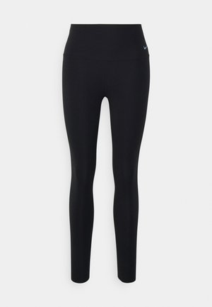 Zwarte high-waisted legging gemaakt van rekbaar materiaal, met een gladde textuur en een klein blauw Nike-logo bij de taille.