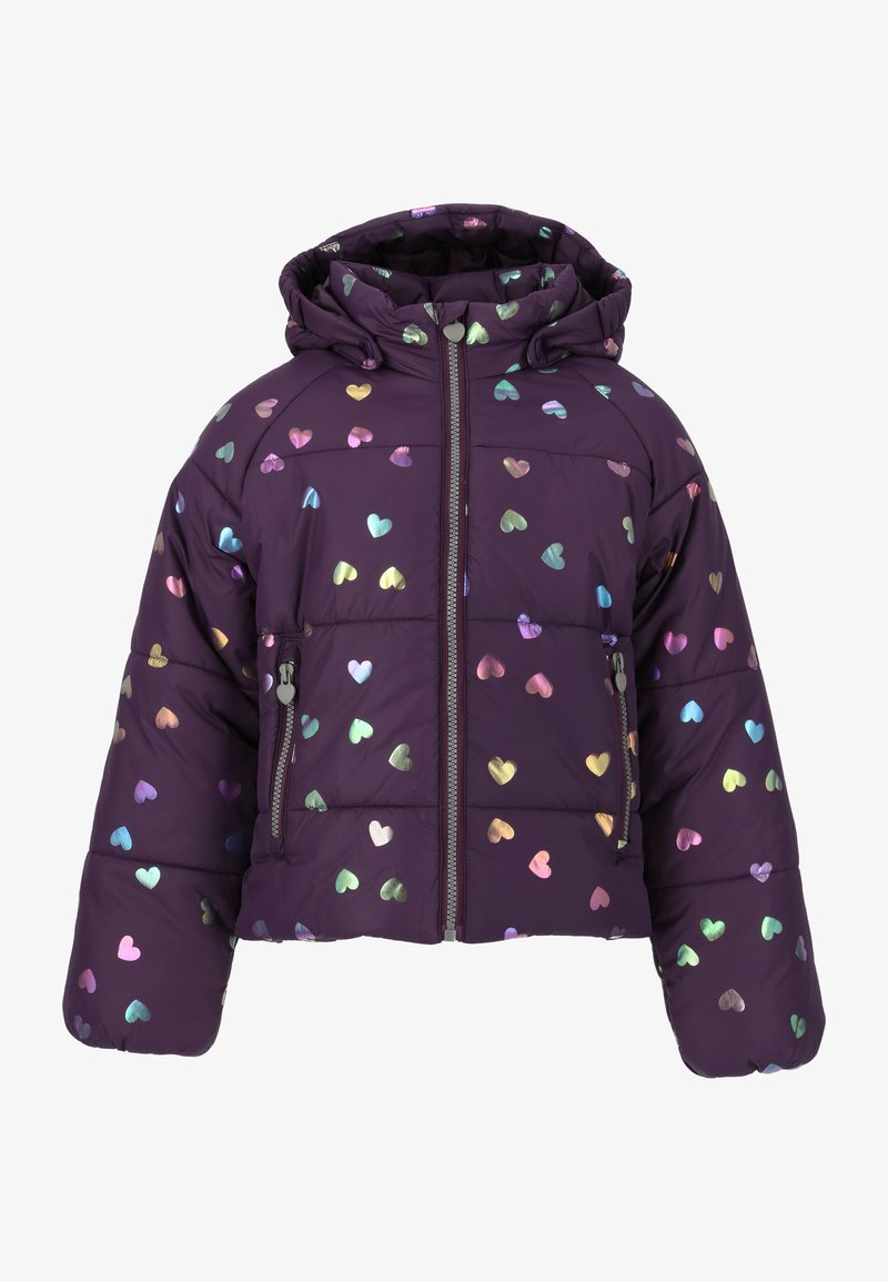 Violetti puffatakki, jossa on lyhyt muotoilu, iridescenttiset sydänkuviot ja vetoketjulliset taskut. Paksu, eristetty materiaali ja huppu.