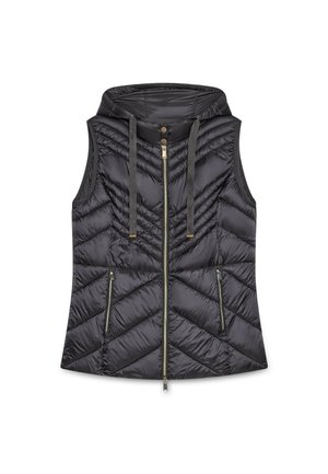 Zwarte gewatteerde vest met een capuchon, voorzien van een rits aan de voorkant, twee zijzakken en trekkoorden als accent. Het materiaal lijkt glanzend met een zachte uitstraling.