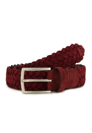 Braided dark red suede belt with silver rectangular buckle and a leather brand patch near the buckle.