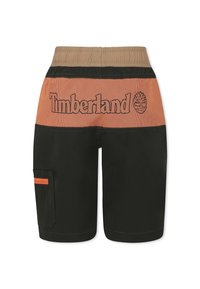 Pantaloni corti neri con un elastico in vita beige, dotati di un pannello in rete arancione e del logo "Timberland". Tasca laterale con un accento arancione.
