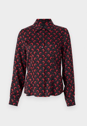 Zwarte button-up overhemd met een patroon van rode halve manen, lange mouwen, zachte stof en een klassiek kraagontwerp. Heeft een rechte zoom.