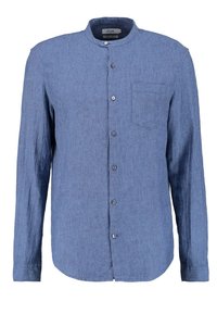 Camicia blu con bottoni, realizzata in tessuto testurizzato, con colletto alla coreana, dotata di taschino e orlo dritto.