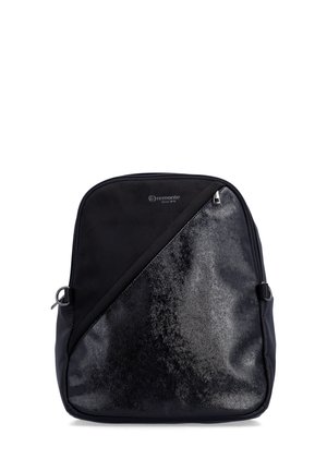Small black handbag with diagonal design, one side matte fabric, the other shiny textured material, featuring a zipper closure at the top.