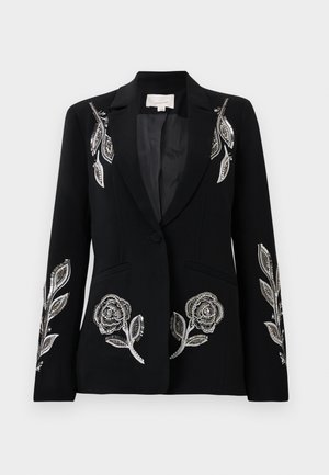 Blazer noir avec une broderie florale en argent complexe sur les manches, une fermeture à un seul bouton et deux poches avant. Texture lisse.