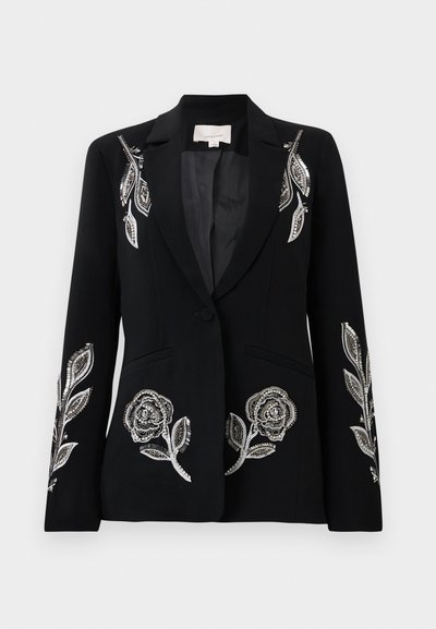 Black blazer with intricate silver floral embroidery on sleeves, a single button closure, and two front pockets. Smooth texture.