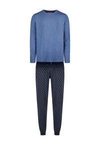Modrý dlouhý rukáv s malým potiskem na hrudi, kombinovaný s námořnickými kalhotami s světle modrým tečkovaným vzorem a elastickými manžetami.