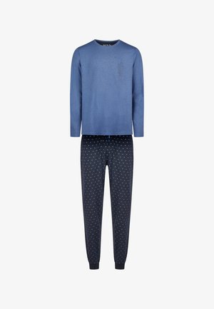 Blauw langetermijn T-shirt met een kleine print op de borst, gecombineerd met marineblauwe broek met een lichtblauw stippenpatroon en elastische boorden.