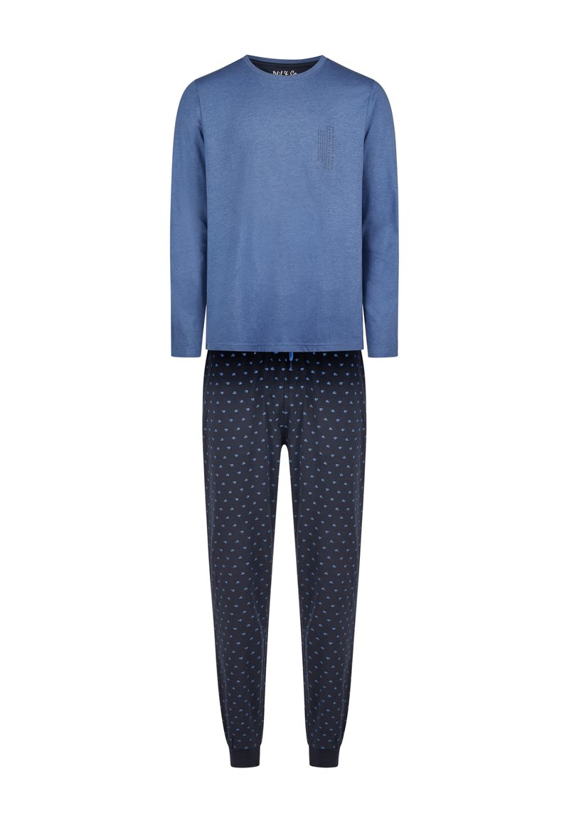 Modrý dlouhý rukáv s malým potiskem na hrudi, kombinovaný s námořnickými kalhotami s světle modrým tečkovaným vzorem a elastickými manžetami.