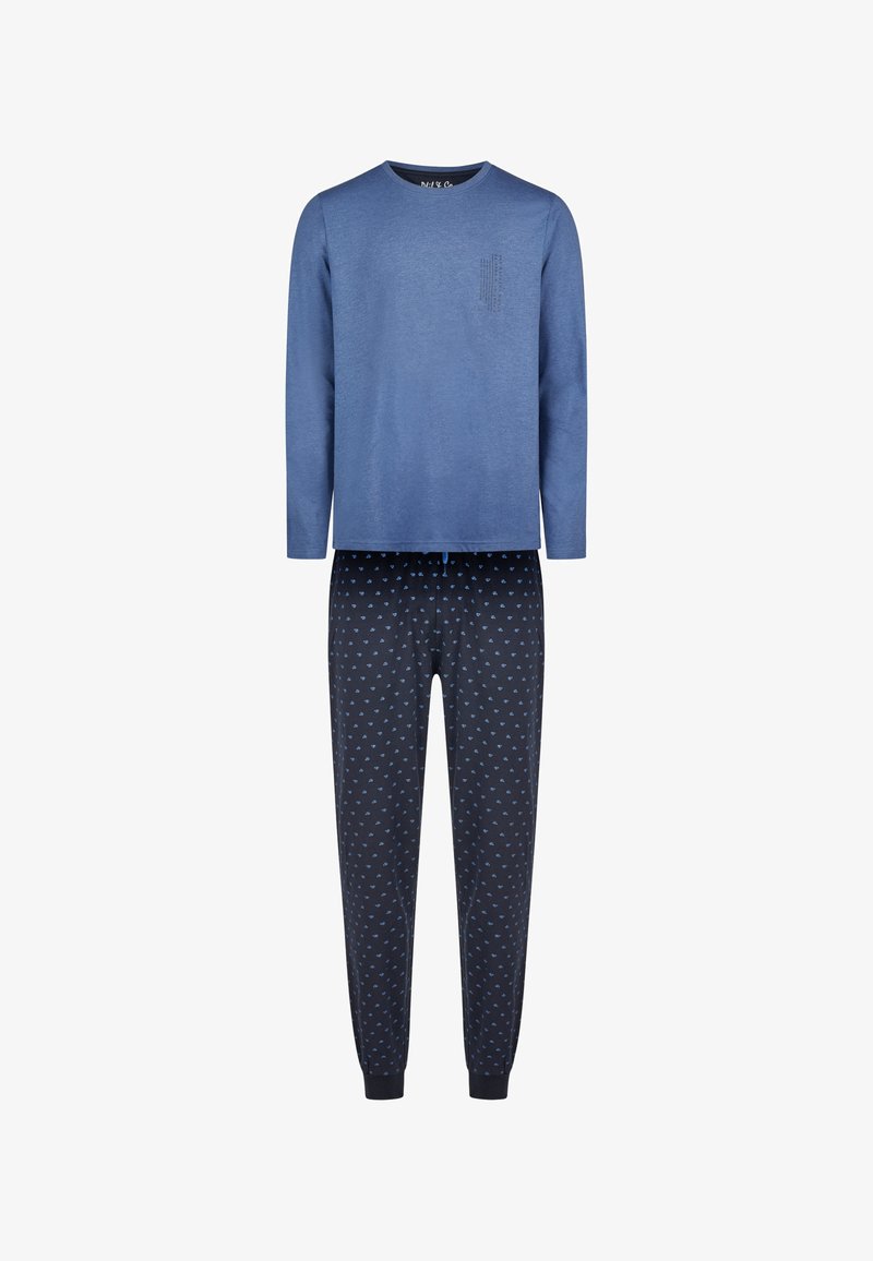 Modrý dlouhý rukáv s malým potiskem na hrudi, kombinovaný s námořnickými kalhotami s světle modrým tečkovaným vzorem a elastickými manžetami.