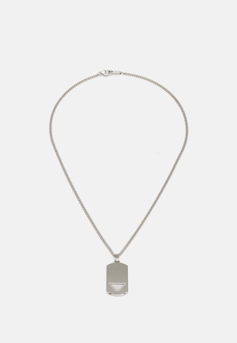 Silver metal necklace featuring a flat dog tag pendant with a triangular logo and a woven chain design.