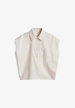 Beige kurzärmeliges Hemd mit Kragen, Knopfleiste und einer Brusttasche auf der linken Seite; aus einem glatten Stoff mit einer lockeren Passform gefertigt.