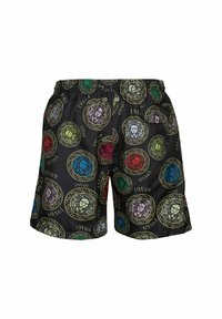 Zwarte zwembroek met kleurrijke leeuwenkopmotieven in cirkelvormige emblemen. Gemaakt van lichtgewicht stof met een elastische tailleband.