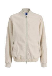 Blouson aviateur beige avec fermeture éclair avant, deux poches latérales, poignets côtelés et taille élastique, affichant l'étiquette de la marque Jack & Jones à l'intérieur du col.