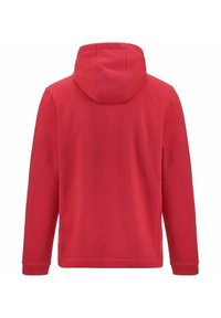 Felpa con cappuccio rossa caratterizzata da una superficie liscia, maniche lunghe e polsini a costine. Presenta una cucitura centrale sul retro e un piccolo logo sul lato.